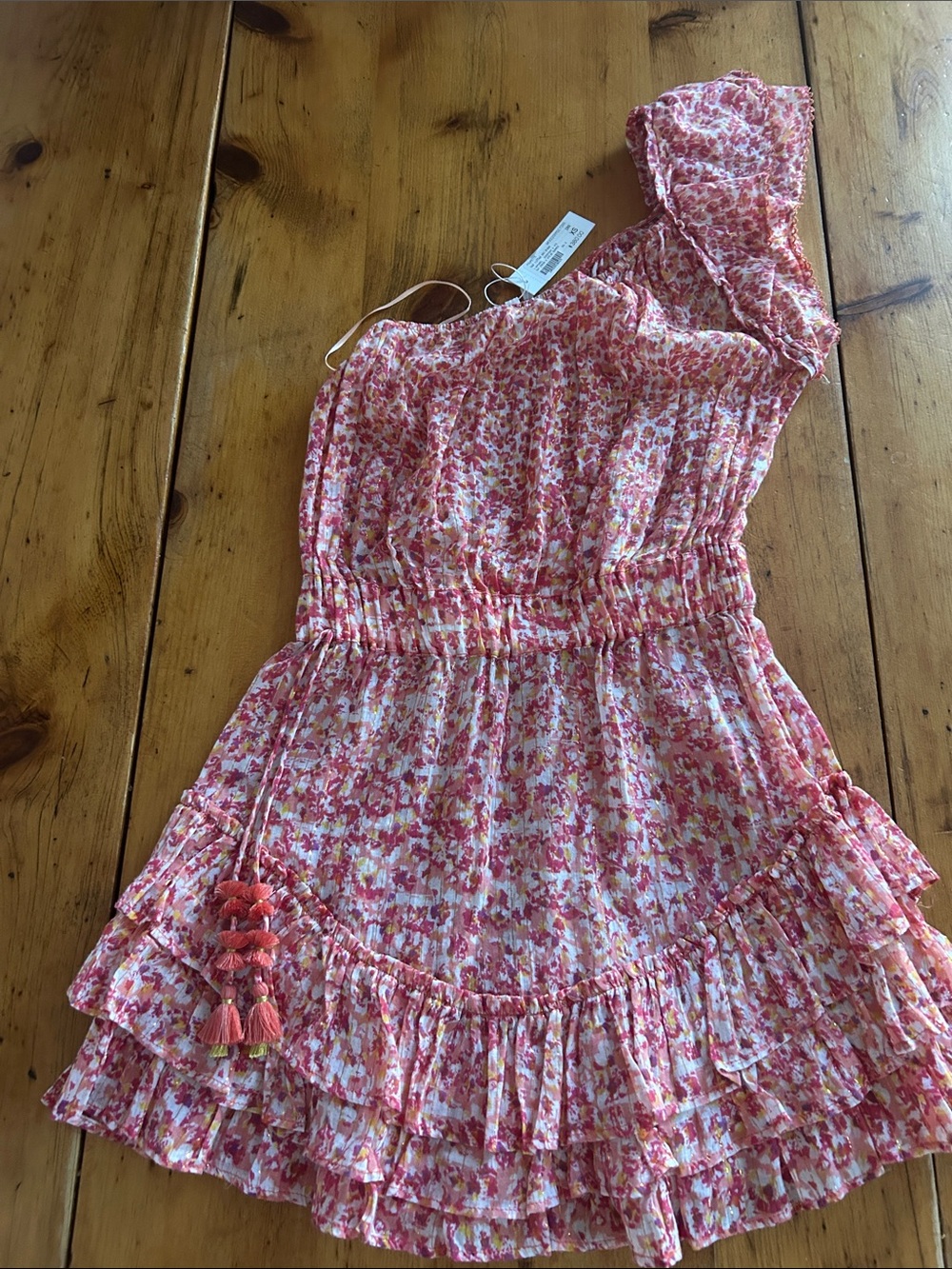 Poupette St. Barth One-Shoulder Pink Floral Ruffle Dress XS